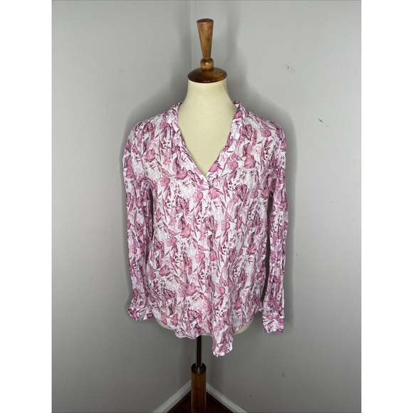 120% Lino Tops - 120% LINO Pink‎ White Floral Longsleeve Linen Tunic Shirt Sz 42
